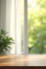 Aufkleber - A minimalist design combines an empty wooden table with a blurred curtain backdrop featuring abstract greenery and natural sunlight._00003_