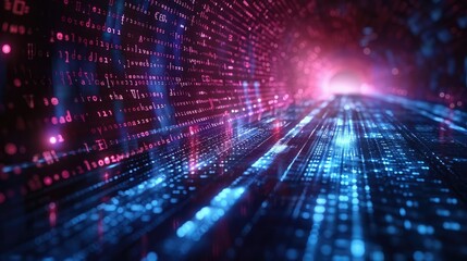 Poster - A digital tunnel of vibrant binary code and glowing data streams.