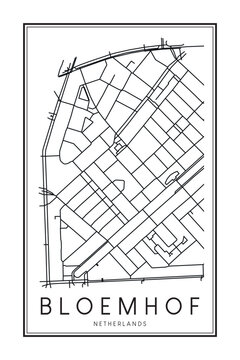 Printable downtown road map poster of the Dutch city of BLOEMHOF on solid white background with city name