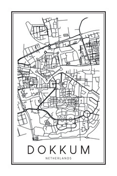 Printable downtown road map poster of the Dutch city of DOKKUM on solid white background with city name
