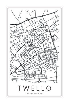 Printable downtown road map poster of the Dutch city of TWELLO on solid white background with city name