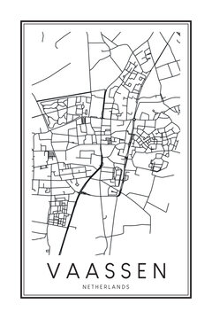 Printable downtown road map poster of the Dutch city of VAASSEN on solid white background with city name
