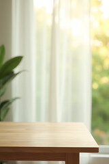 Aufkleber - A minimalist design combines an empty wooden table with a blurred curtain backdrop featuring abstract greenery and natural sunlight._00001_
