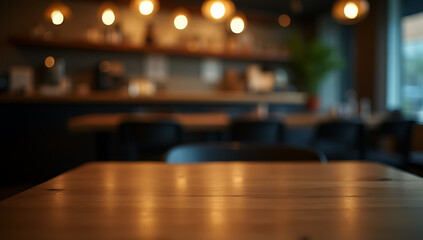 Aufkleber - A minimalist cafe setting features an empty wooden table with a blurred bokeh effect in a darkened room._00002_