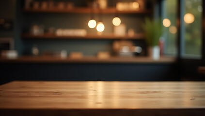 Aufkleber - A minimalist cafe setting features an empty wooden table with a blurred bokeh effect in a darkened room._00001_