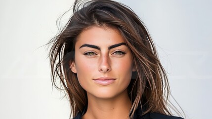 confident brunette woman with bold eyebrows wearing a black turtleneck in a minimalist background, r