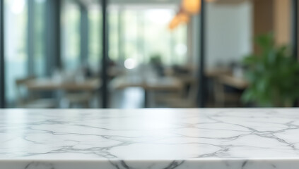 Poster - A marble tabletop is in sharp focus against a blurred glass wall background creating a visually appealing contrast._00002_