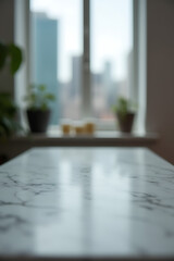 Poster - A marble tabletop is in sharp focus while a blurred cityscape appears through a window in the background._00001_