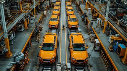 Poster - A factory scene with multiple rows of orange taxis in a production line.