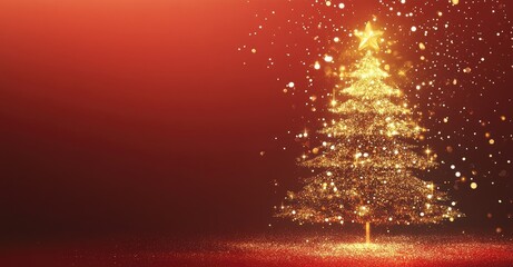 Wall Mural - a red background with a christmas tree made of golden glittering particles, topped with a star and g