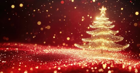 Wall Mural - a red background with a christmas tree made of golden glitter and stars on the ground, surrounded by