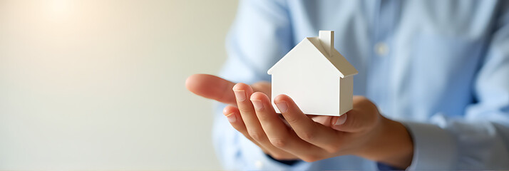 Poster - A male hand is holding a model of a white house on a soft, pastel colored background related to business._00003_