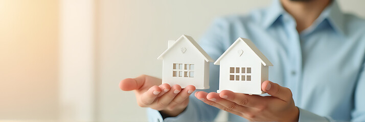 Poster - A male hand is holding a model of a white house on a soft, pastel colored background related to business._00002_