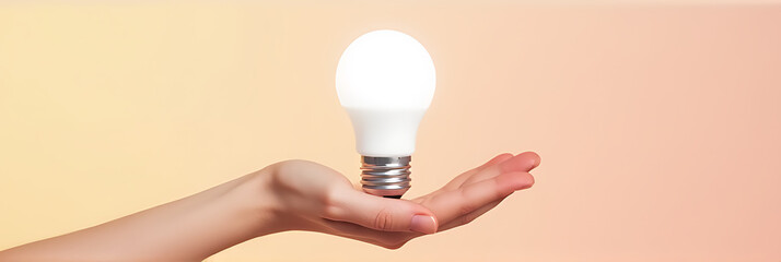Poster - A human hand holds a white lightbulb in front of a soft pastel colored background with flat design simplicity._00003_