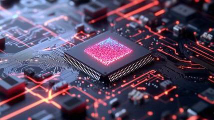 Poster - close-up view of a computer microprocessor on a circuit board highlighting intricate design and vibr
