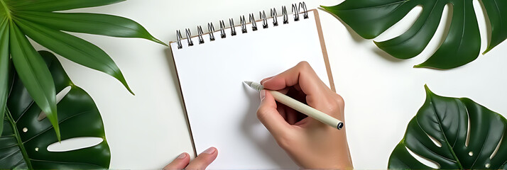 Fototapete - A flat lay of hand writing on a notepad surrounded by tropical leaves and a minimalist home office workspace design._00001_