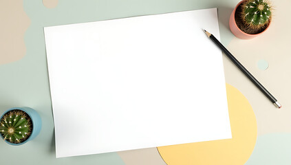 Poster - A flat lay of a white paper sheet, pencil, and cactus pot on a creative background, ideal for brainstorming ideas._00002_