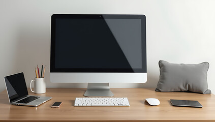 Aufkleber - A computer and various laptop accessories are set up on a wooden desk in front of a plain business flat lay background._00001_