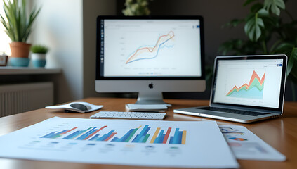 Wall Mural - a computer and a laptop sit on a worktable next to a graph chart with no one around them._00001_
