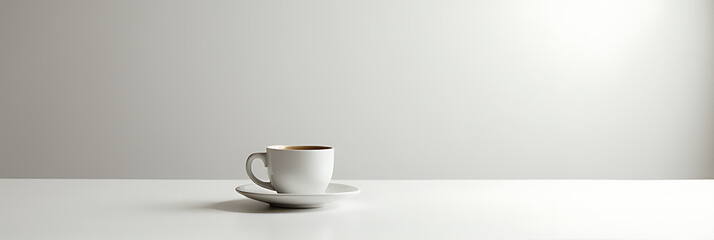 Aufkleber - A clear coffee cup sits alone on a plain white tabletop in an empty room._00002_