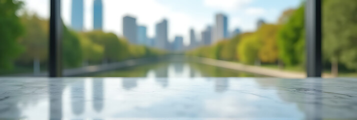 Poster - A clean marble countertop is in sharp focus while a blurred cityscape and park landscape are visible behind it._00003_