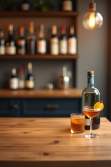 Poster - A clean wooden table with a blurred background showcases cocktail counter bar and wine bottles for product display purposes._00001_