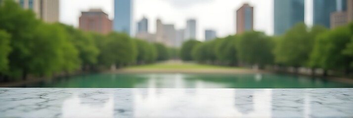 Poster - A clean marble countertop is in sharp focus while a blurred cityscape and park landscape are visible behind it._00002_
