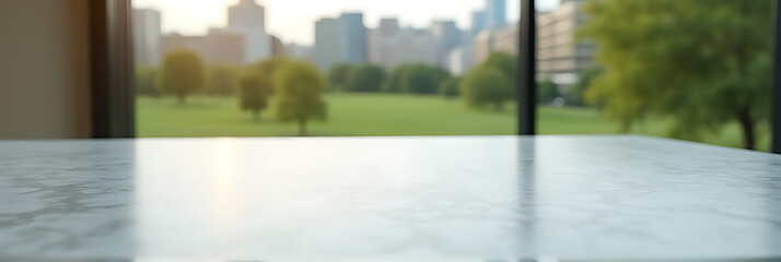 Poster - A clean marble countertop is in sharp focus while a blurred cityscape and park landscape are visible behind it._00001_
