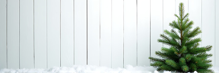 Wall Mural - a christmas fir tree decorated with a pine branch and placed against a snowy white wooden backdrop._