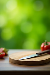Poster - A chopping board rests on a table amidst a blurred green bokeh background with soft focus effect._00003_