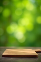 Poster - A chopping board rests on a table amidst a blurred green bokeh background with soft focus effect._00001_