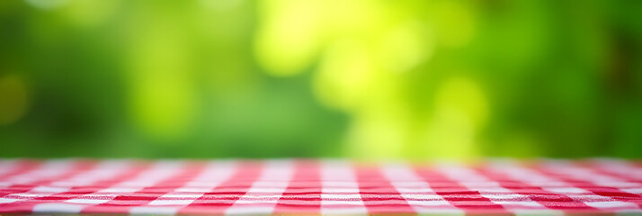 Poster - A checkered tablecloth with an abstract green bokeh effect from a morning garden scene serves as a versatile visual for montages and designs._00001_