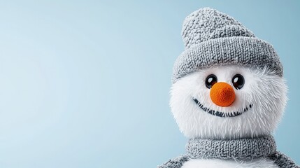 Wall Mural - Close-up of a cute snowman wearing a hat and scarf against a light blue background.