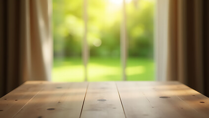 Poster - A blurred wooden tabletop sits in front of an open curtain, casting a warm green glow from the garden outside._00001_