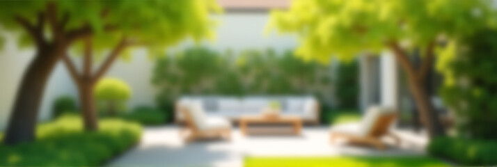 Poster - A blurred view of trees in a garden with a living room background is typical during spring and summer seasons._00003_