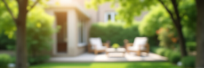 Poster - A blurred view of trees in a garden with a living room background is typical during spring and summer seasons._00001_