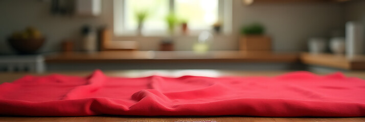 Aufkleber - A blurred red cloth covers a wooden table in a busy kitchen background suitable for product displays and design visuals._00003_