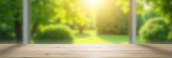 Aufkleber - A blurred image of a green garden is visible through the window on an empty wooden table in the morning light._00003_