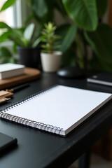 Fototapete - A blank white notepad is placed on a black table surrounded by tropical leaves and various workspace design elements in a home office setting._00002_