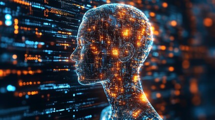 Poster - AI systems display human-like profiles with glowing data streams in futuristic environment
