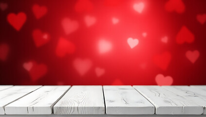 Poster - A beautiful white wooden texture table is placed on a red bokeh background suitable for decoration and valentine day concepts._00001_