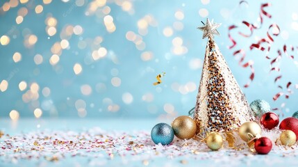 Wall Mural - Festive party hat shaped like Christmas tree with baubles and confetti.