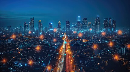 Poster - A futuristic cityscape illuminated at night, showcasing a network of connections and technology.