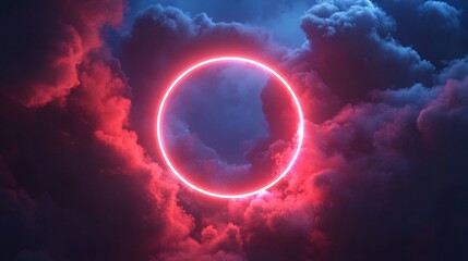 Wall Mural - a vibrant neon circle glows amidst dramatic clouds in shades of blue and pink.