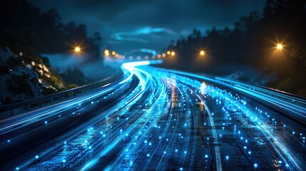 Poster - A futuristic highway illuminated by glowing blue lights, creating a dynamic night scene.