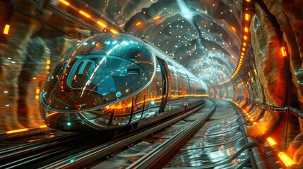 Poster - A futuristic train navigating through a glowing, high-tech tunnel.