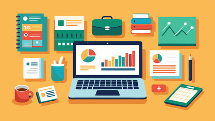 Poster - Detailed vector illustration of a modern workspace with laptop, documents, coffee, charts, and office supplies in a vibrant color scheme