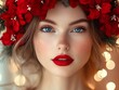 © KarpenArt Studio - Portrait of a woman with blue eyes and red lips wearing a wreath of red flowers on her head.