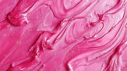 Poster - A vibrant, swirling texture of pink paint with a glossy finish, enhanced by shimmering gold specks.