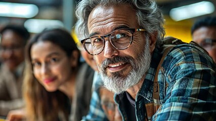 Poster - A group of individuals enjoys a lively conversation at a community gathering in an urban setting. A bearded man in glasses smiles, while a woman nearby listens intently, showcasing camaraderie.